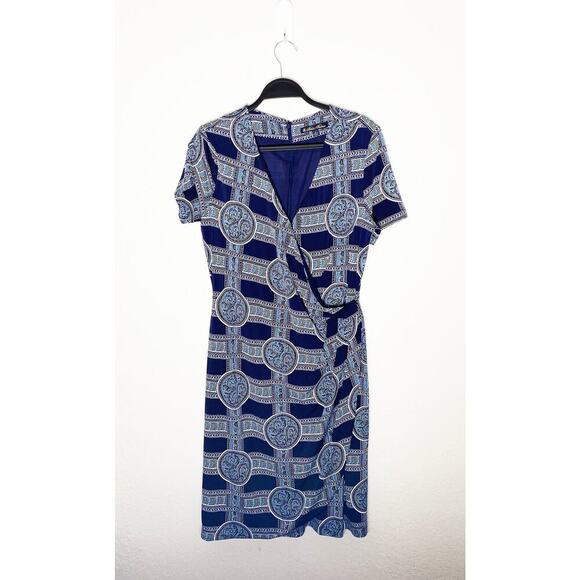 Brooks Brothers Women's Cap Sleeve Navy Print Sheath Dress Faux Wrap Classic L